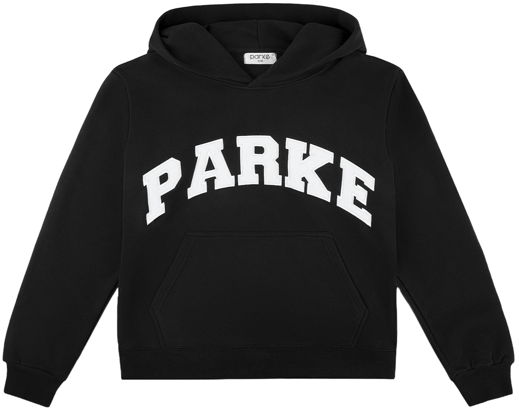 varsity hoodie sweatshirt flat lay -black + white