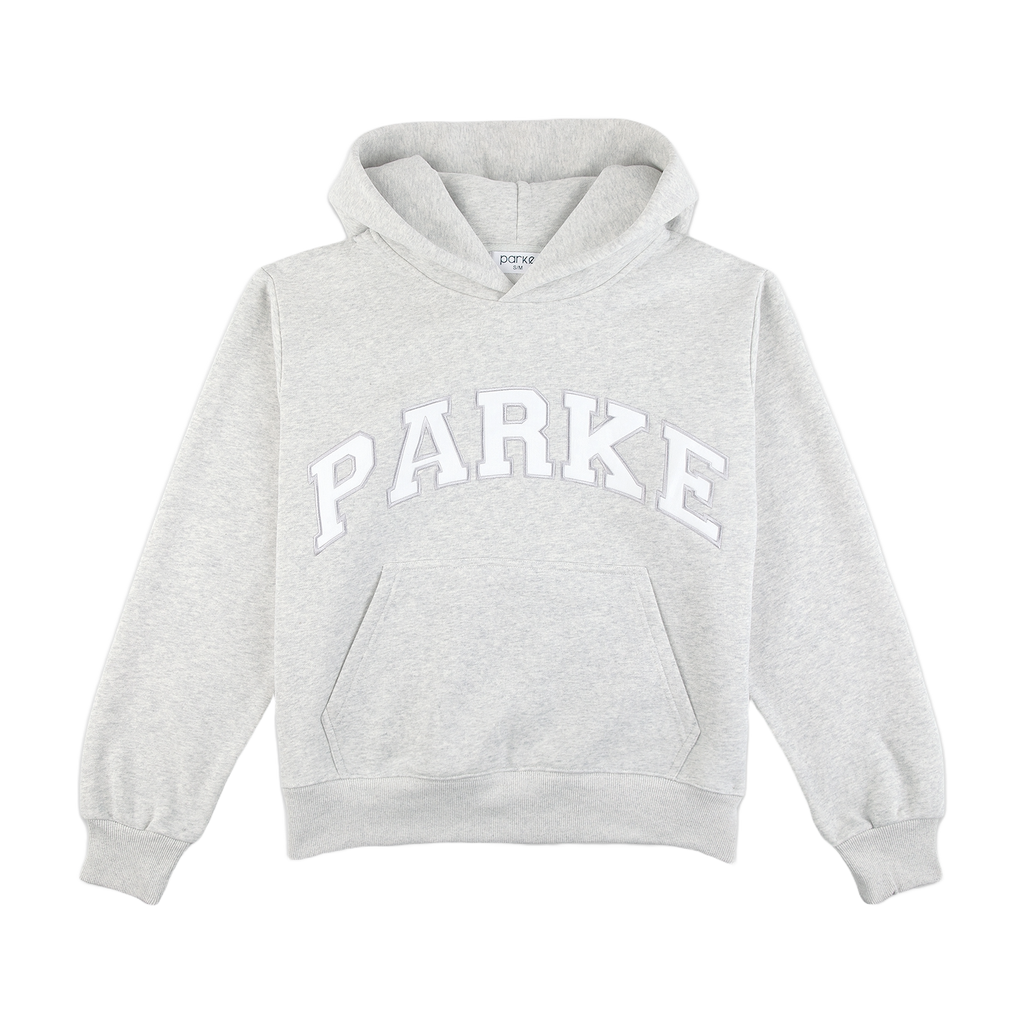 varsity hoodie sweatshirt flat lay - classic grey + white