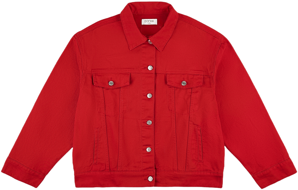 washed red oversized jean jacket flat lay - washed red