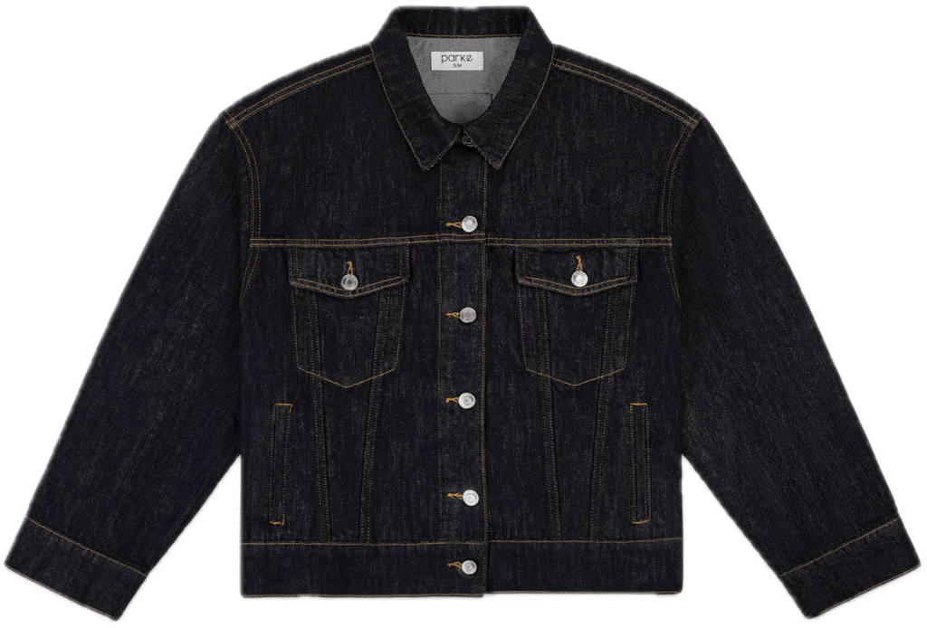 dark wash oversized jean jacket flat lay -dark wash