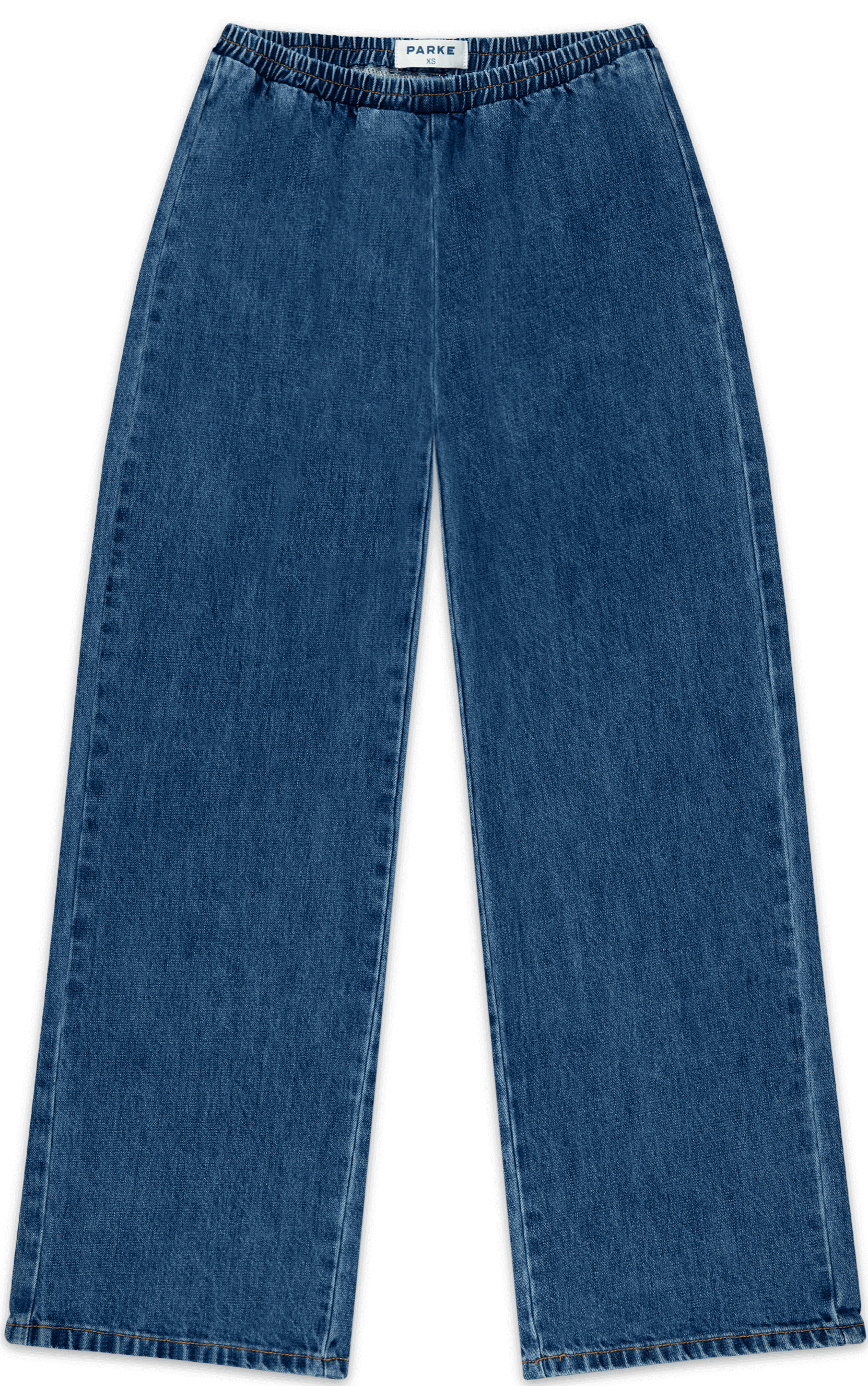 elastic denim pant flat lay -medium wash