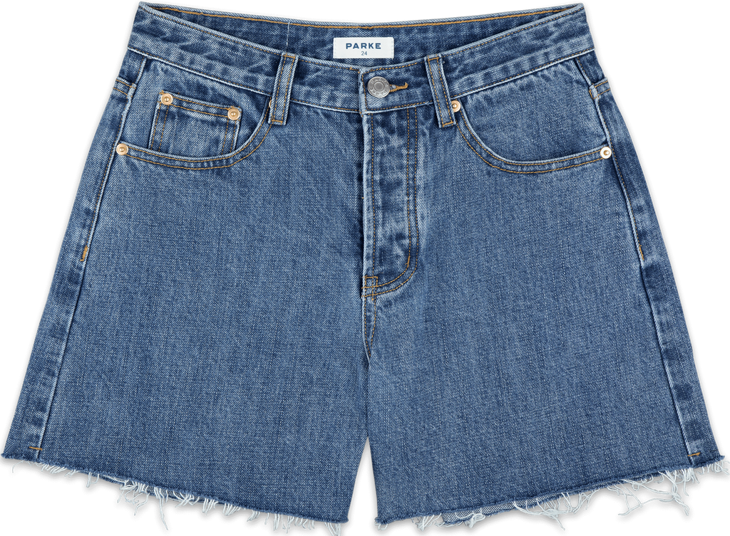 long baggy shorts flat lay -medium wash