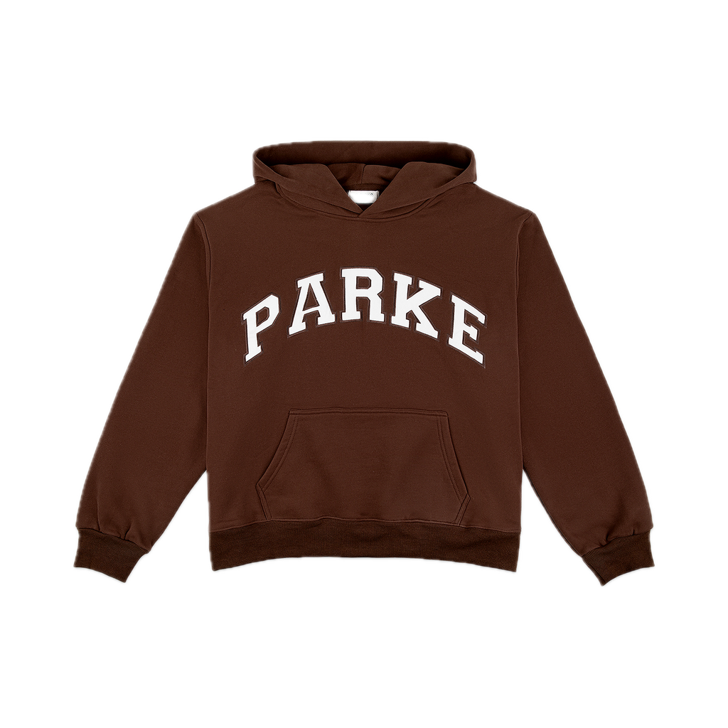 varsity hoodie sweatshirt flat lay - chocolate brown + white