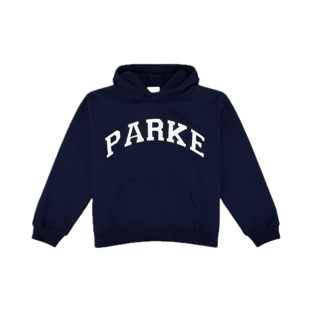 varsity hoodie sweatshirt flat lay - navy + white